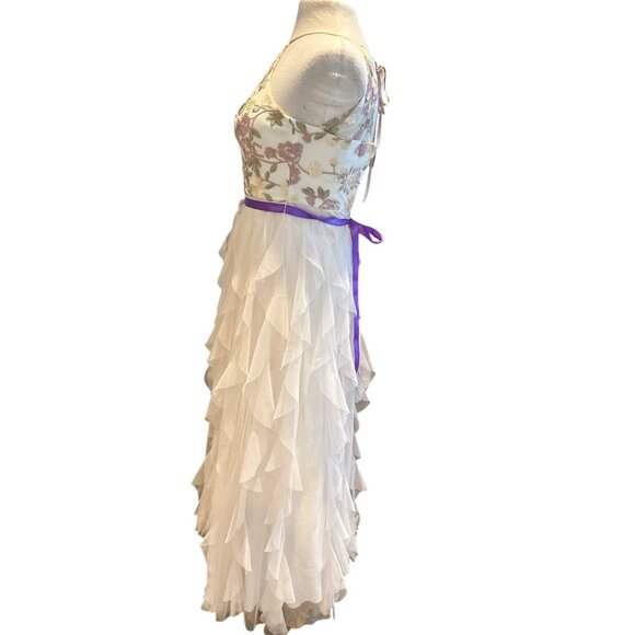Floral Embroidered Halter Maxi Dress With Ruffled Tulle Skirt & Purple Waist Tie - Picture 4 of 16